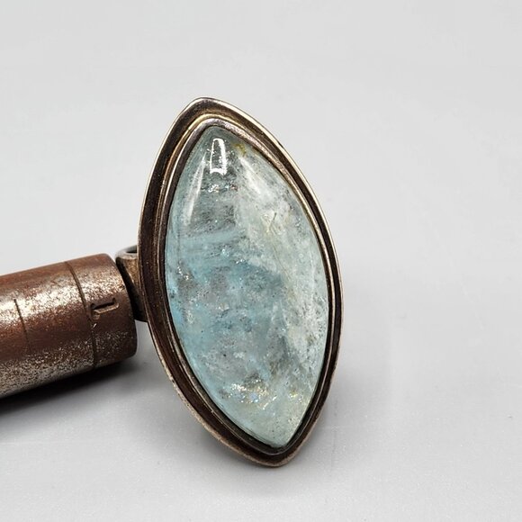 Sterling Silver Cocktail Ring Aquamarine Cabochon Statement Size 8.25 - Picture 1 of 7